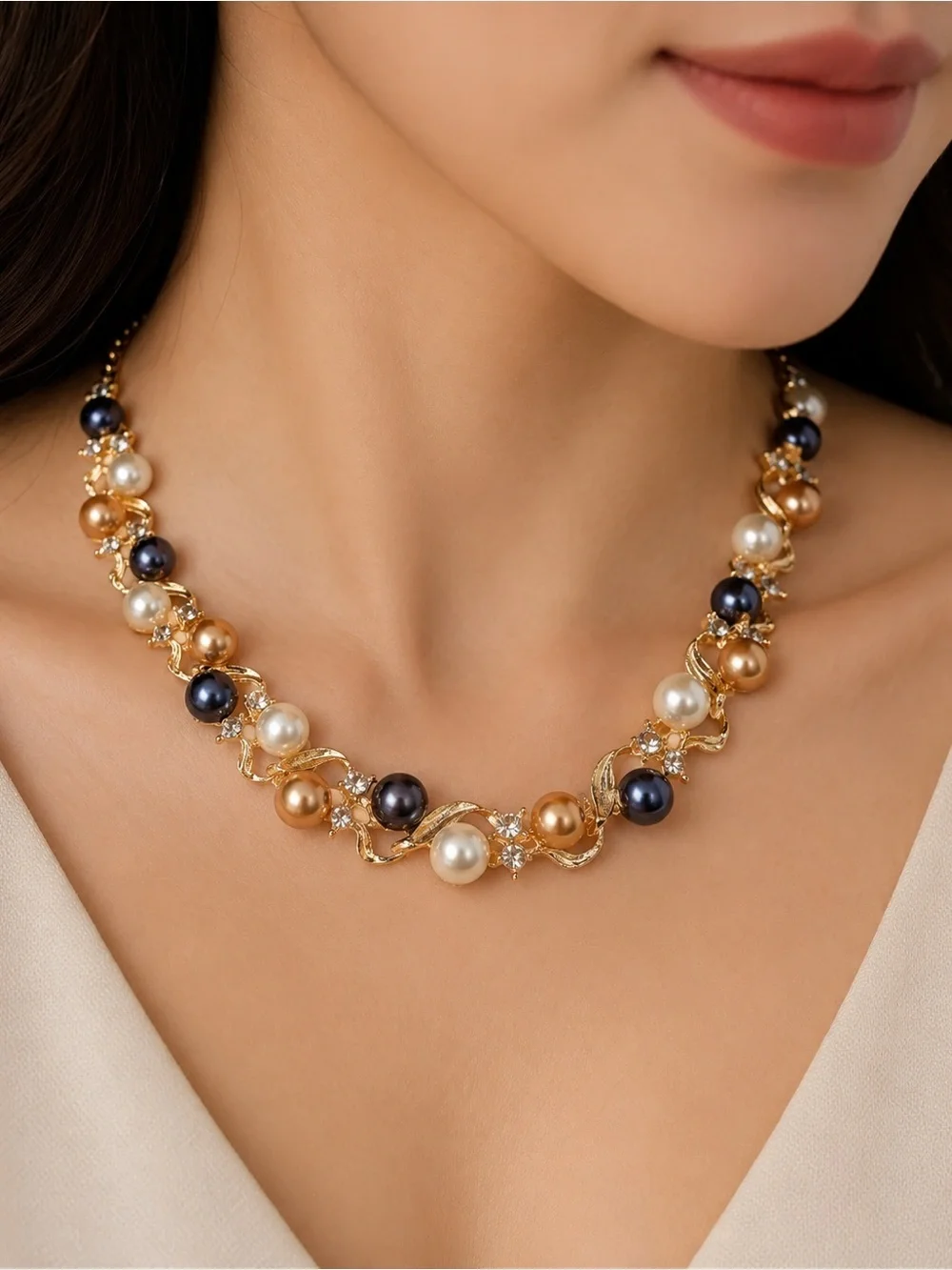 Gold Collar Necklace with Black, White and Champagne Pearls